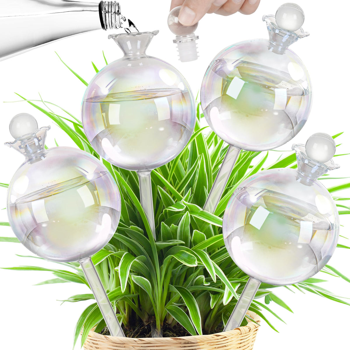 JXWENBYX 17 oz iridescent glass watering globe in soil delivers steady hydration.