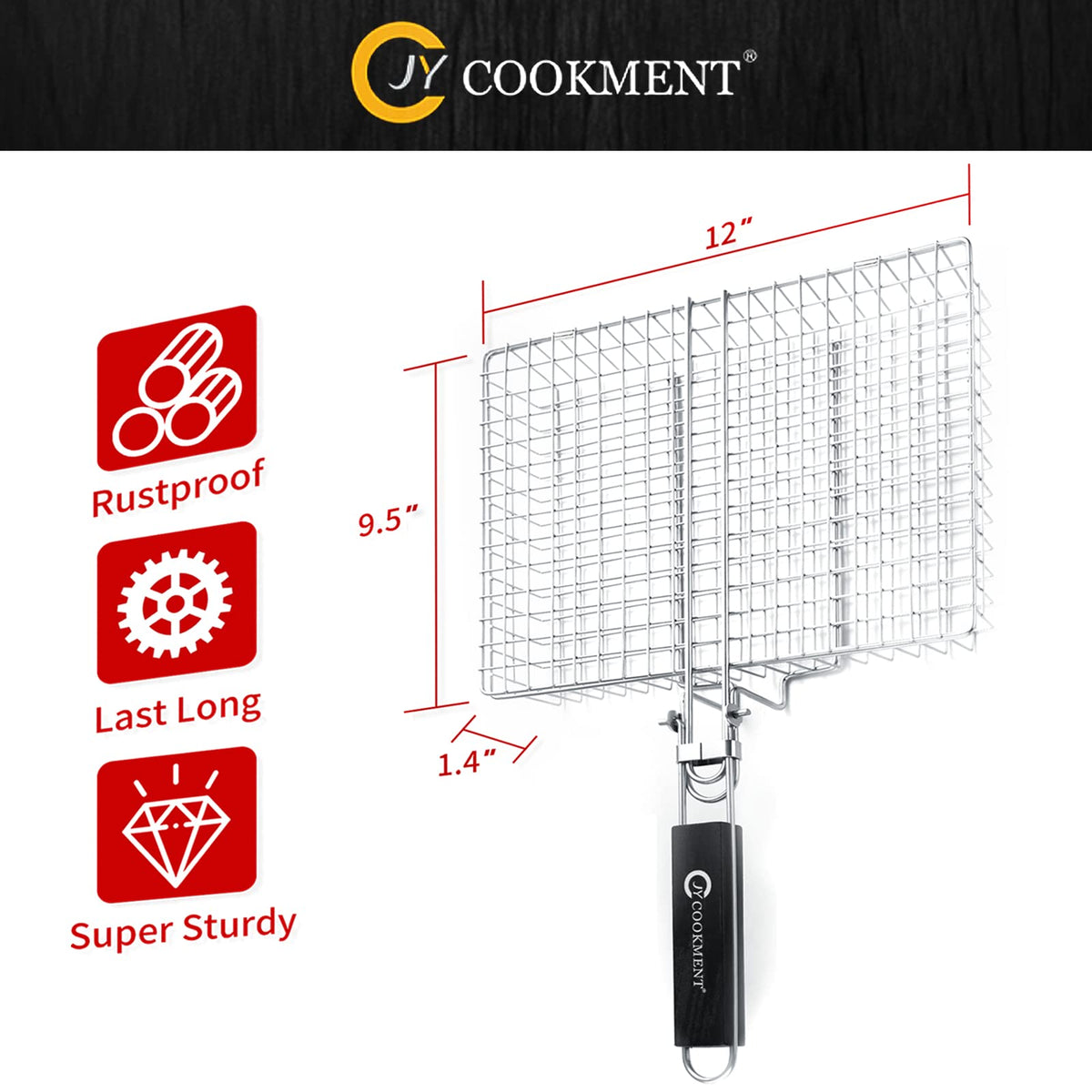 JY COOKMENT grill basket with large 12.6 x 9.5-inch cooking area for versatile grilling.