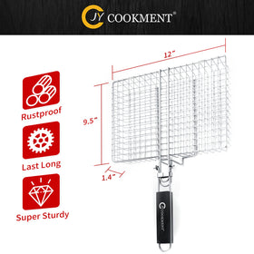 JY COOKMENT grill basket with large 12.6 x 9.5-inch cooking area for versatile grilling.
