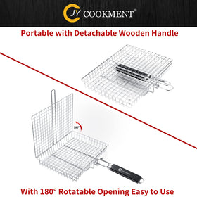 JY COOKMENT grill basket with removable handle for easy gripping and storage.