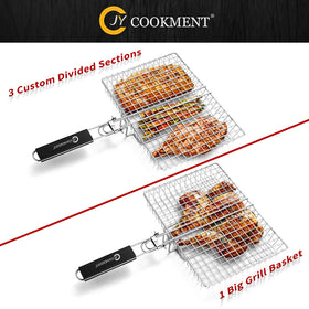 JY COOKMENT grill basket with slide lock for precise turning of delicate foods.