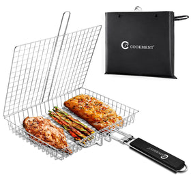 JY COOKMENT grill basket with wooden handle for safe, controlled grilling.