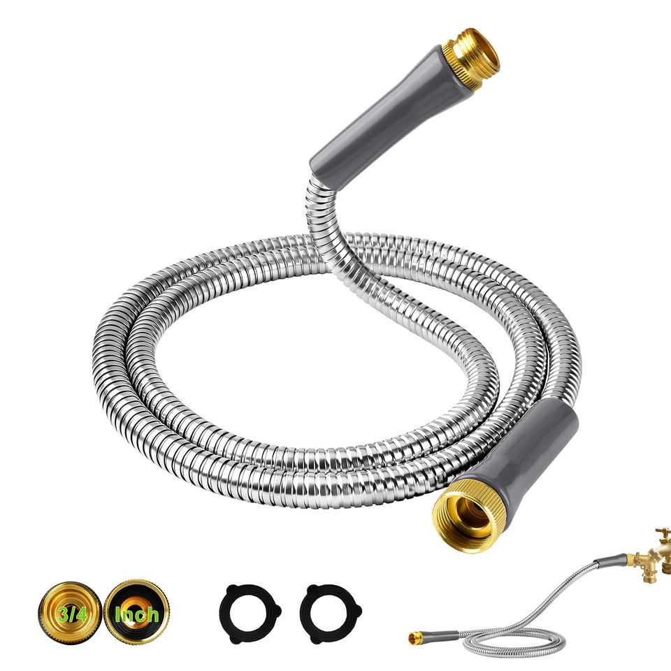 JYI&FORGE short metal garden hose 6ft ready for portable yard watering and easy storage.