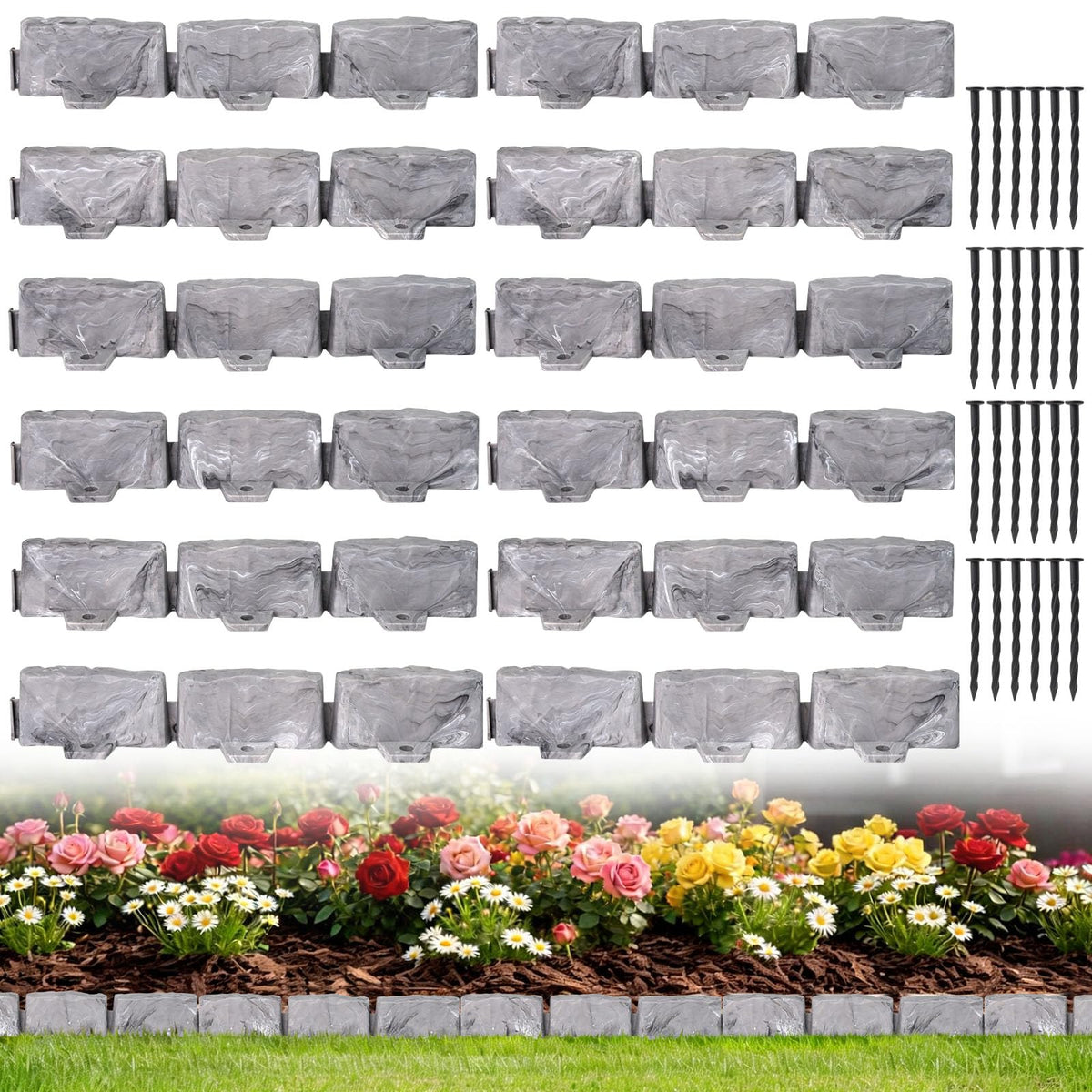 JYINCPED faux stone landscape edging borders a flower bed.