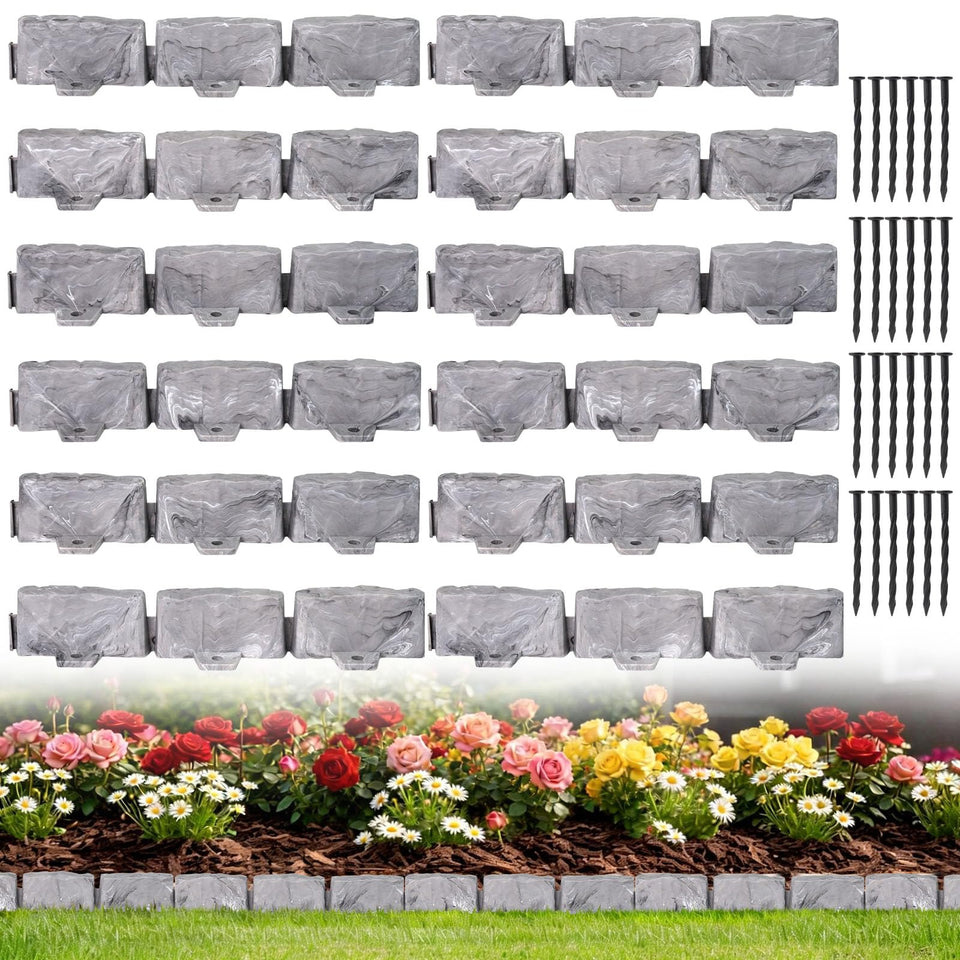 JYINCPED faux stone landscape edging borders a flower bed.