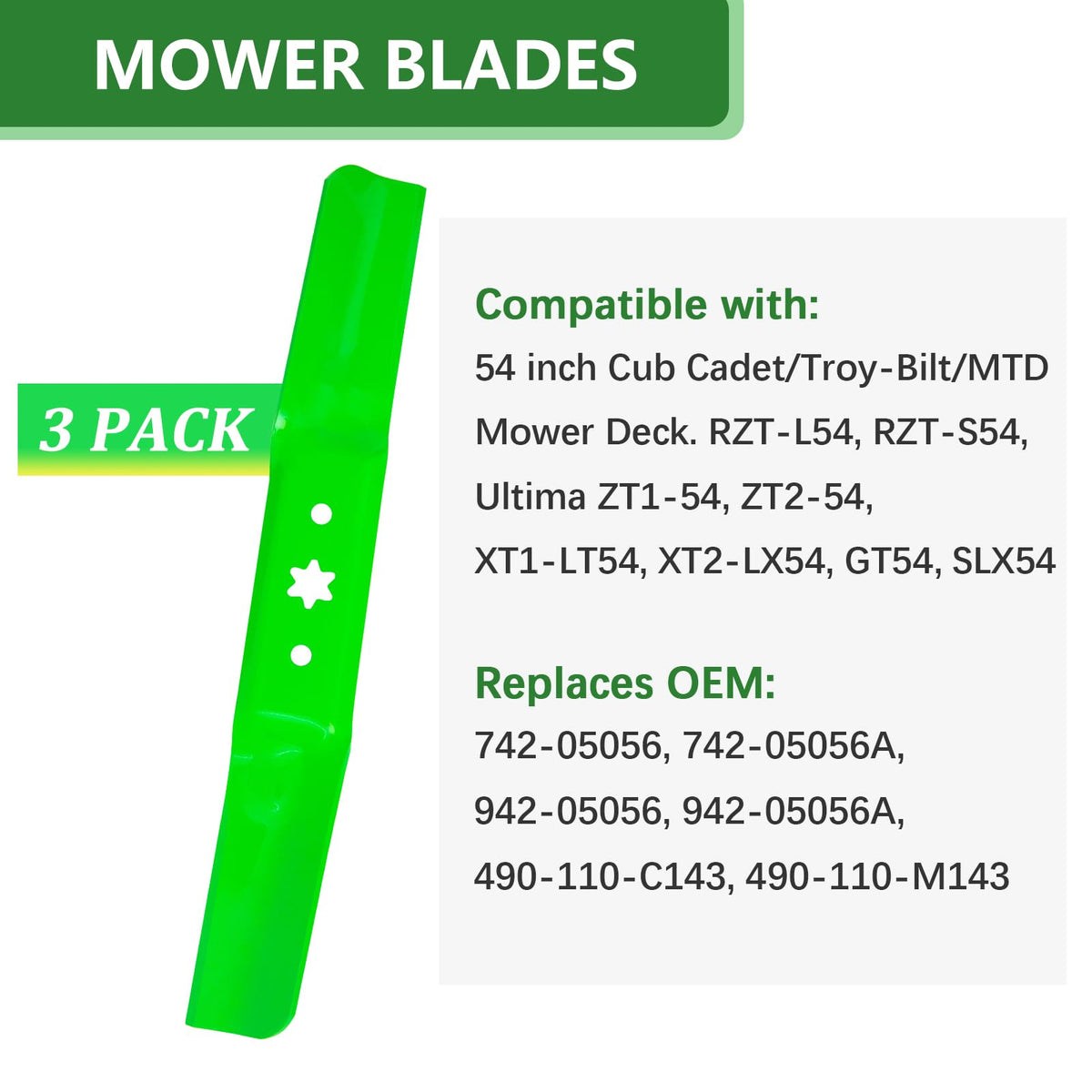 JYLEYJ 54-inch deck compatibility list illustrates wide mower model coverage.