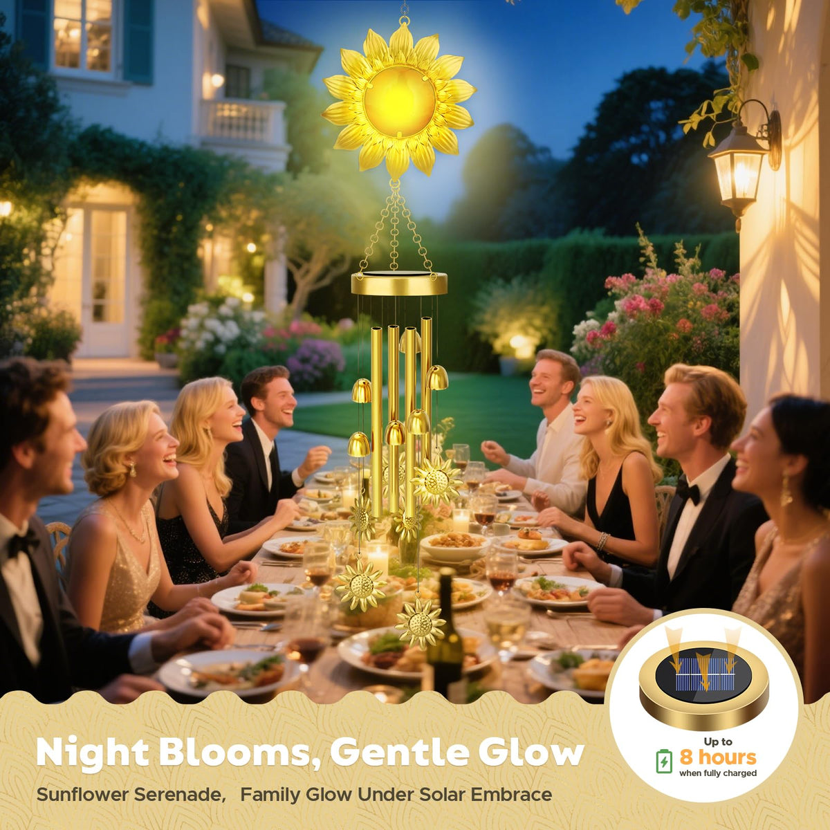 JYPS evening patio glow highlights the sunflower crown and calming melody.