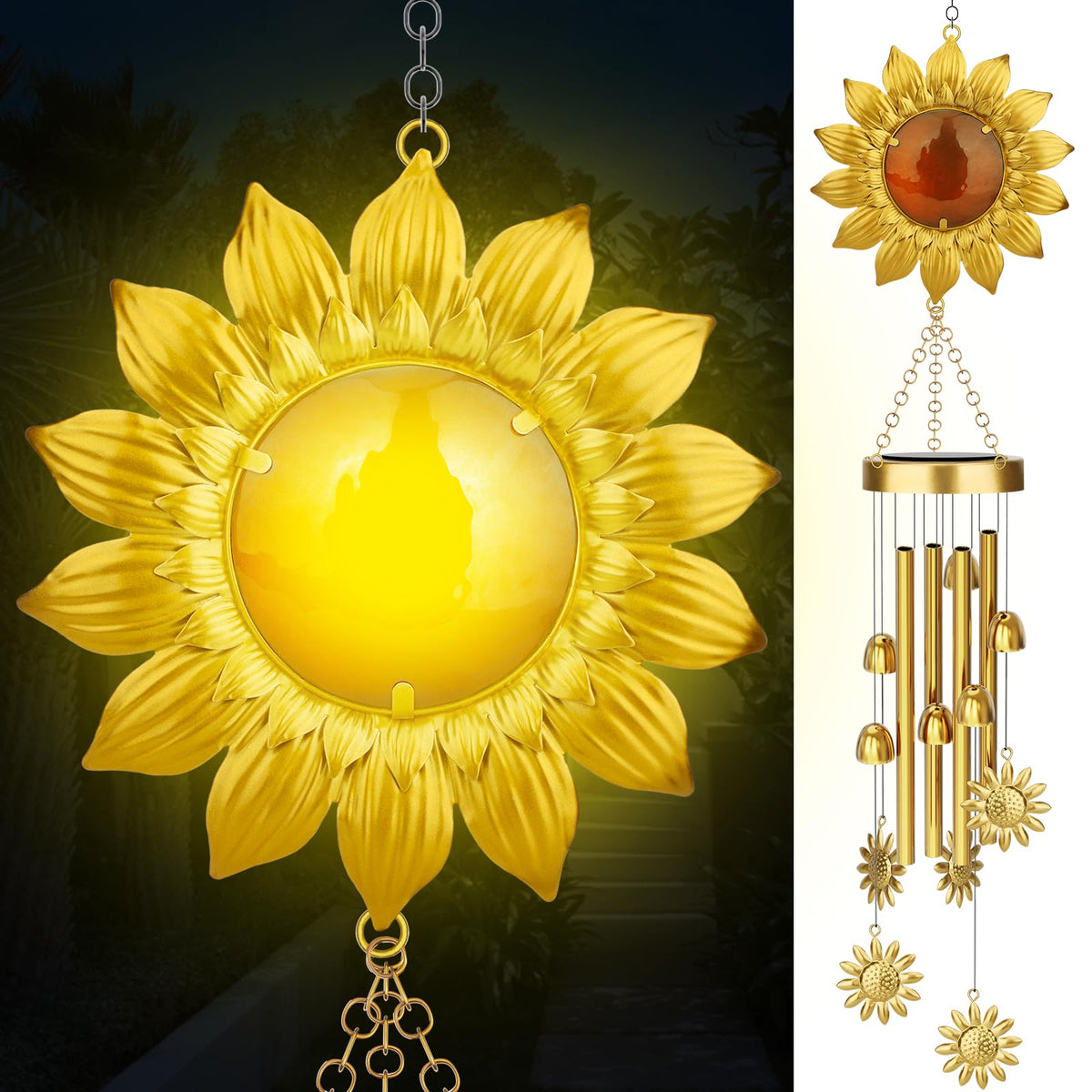 JYPS Solar Wind Chimes with sunflower crown glow enhances outdoor curb appeal at dusk.