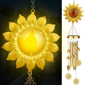 JYPS Solar Wind Chimes with sunflower crown glow enhances outdoor curb appeal at dusk.