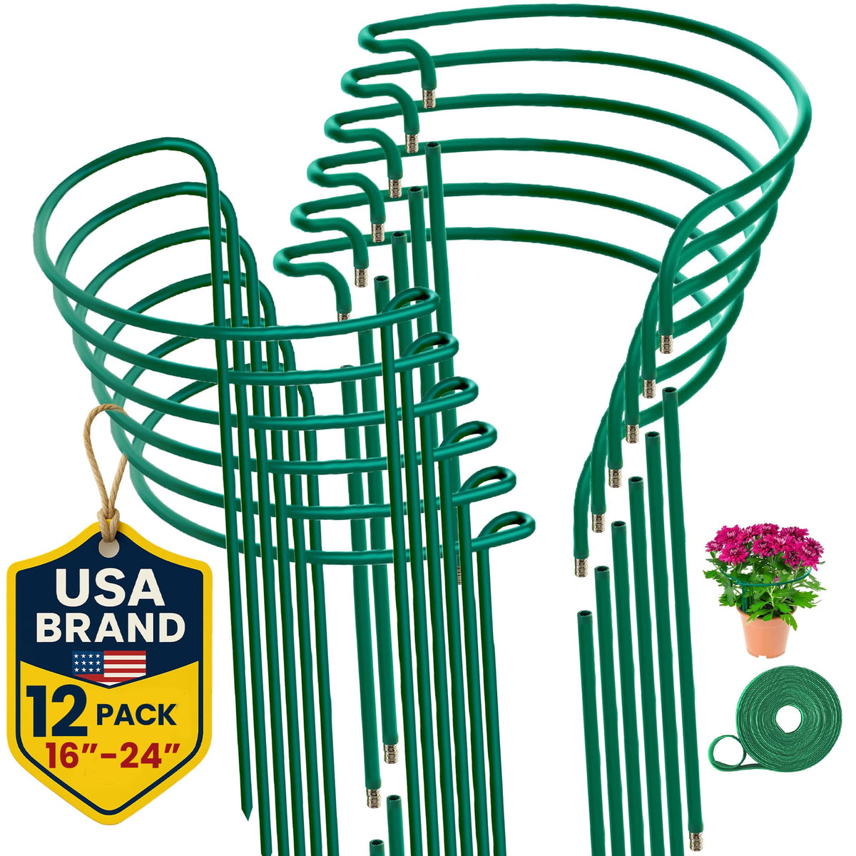 K-Brands 12-pack plant stakes, adjustable 16-24 inches, ideal for upright growth.