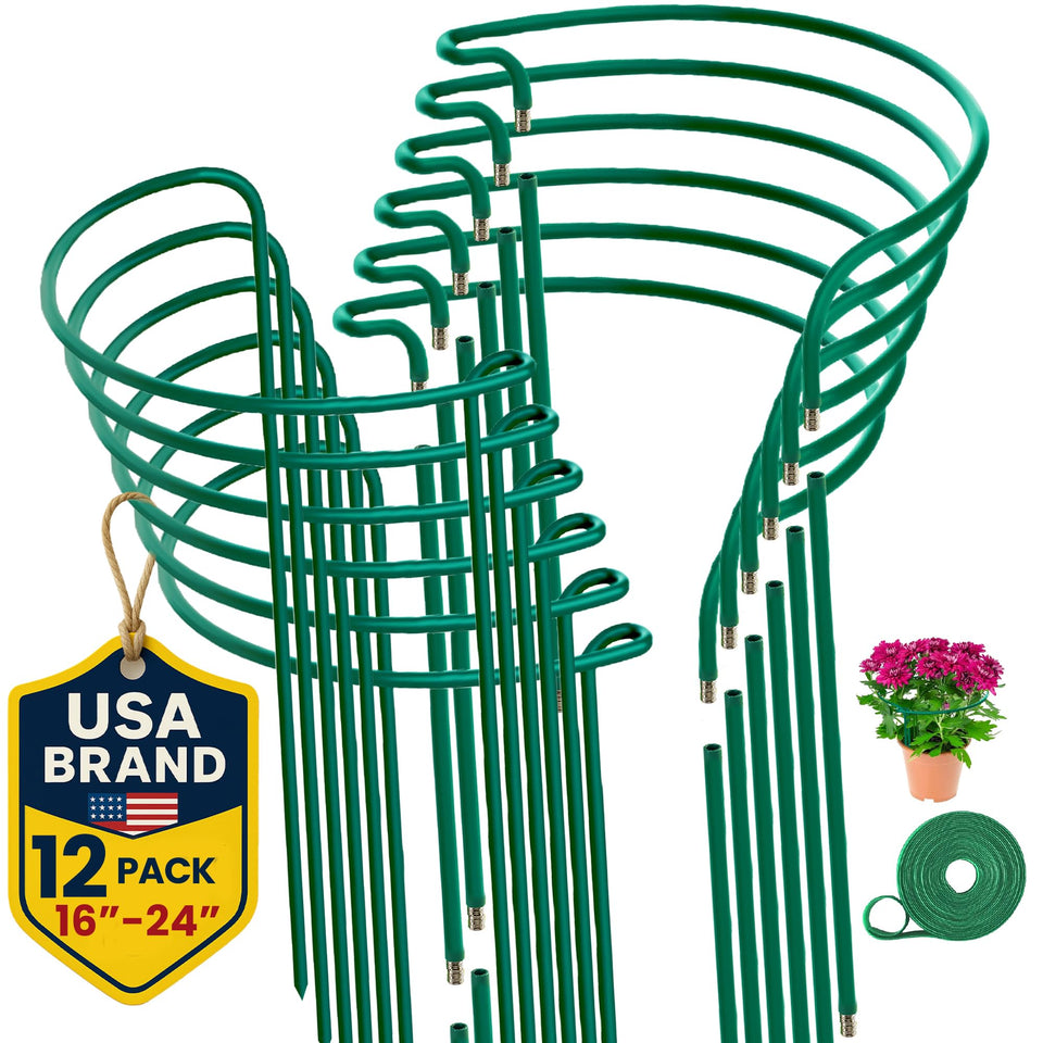 K-Brands 12-pack plant stakes, adjustable 16-24 inches, ideal for upright growth.