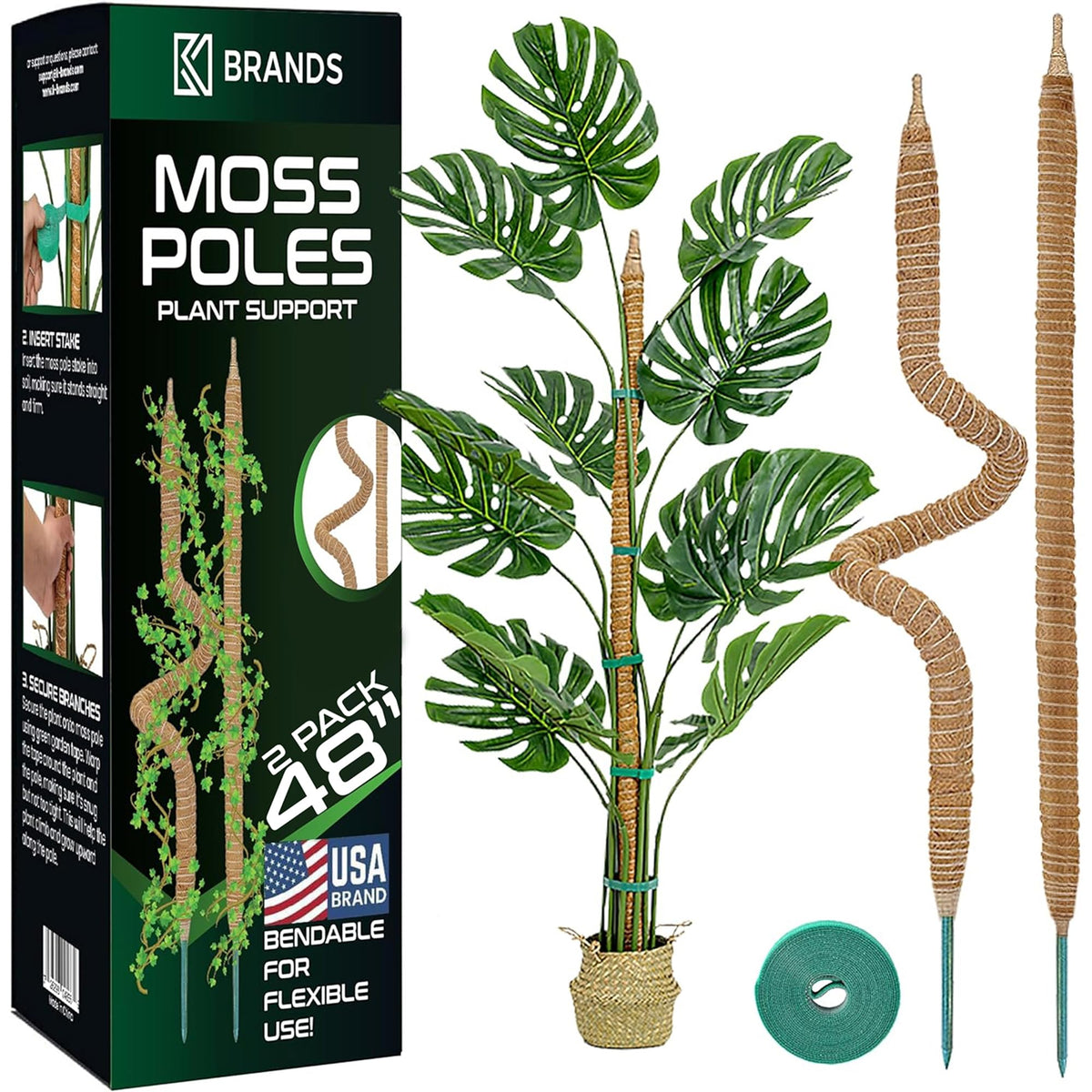 K-Brands 2-pack 48-inch bendable moss pole supports Monstera climbing indoors.