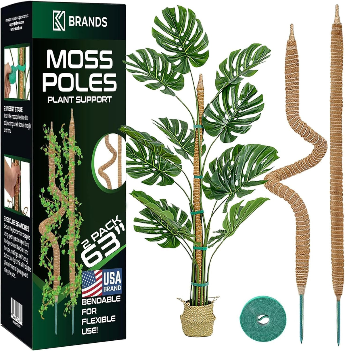 K-Brands 2-pack 63-inch bendable moss poles ready for indoor Monstera climbers