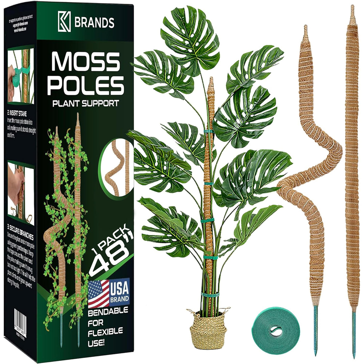 K-Brands 48-inch bendable moss pole supports monstera growth with natural coconut fiber