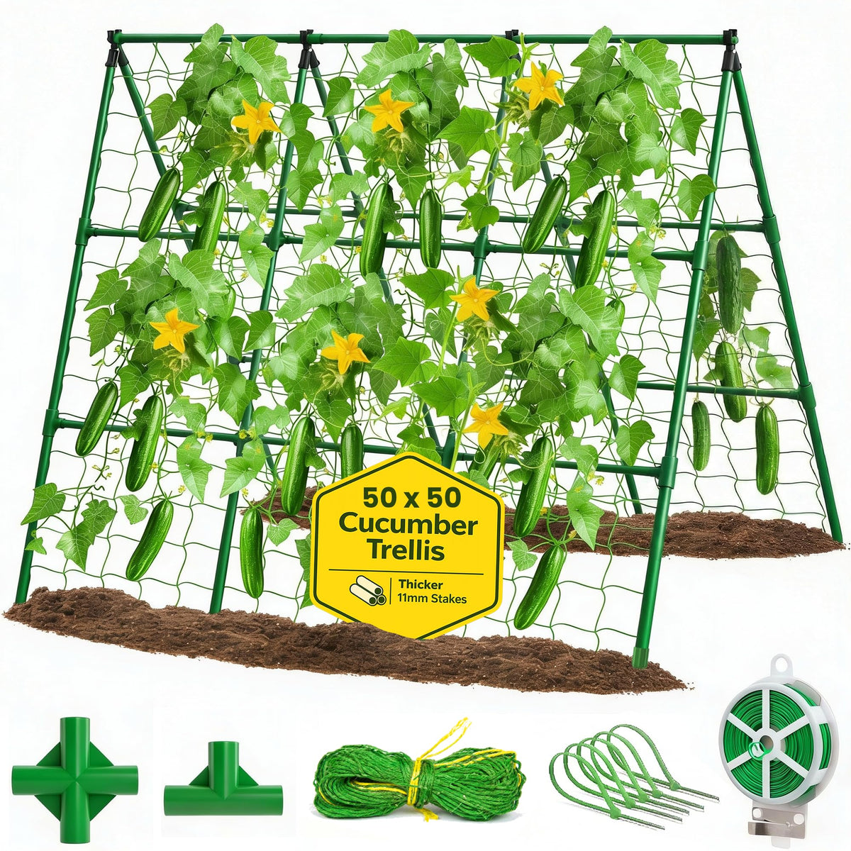 K-Brands 50x50 cucumber trellis assembly shows quick tool-free setup for garden prep.