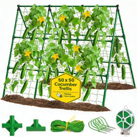 K-Brands 50x50 cucumber trellis assembly shows quick tool-free setup for garden prep.