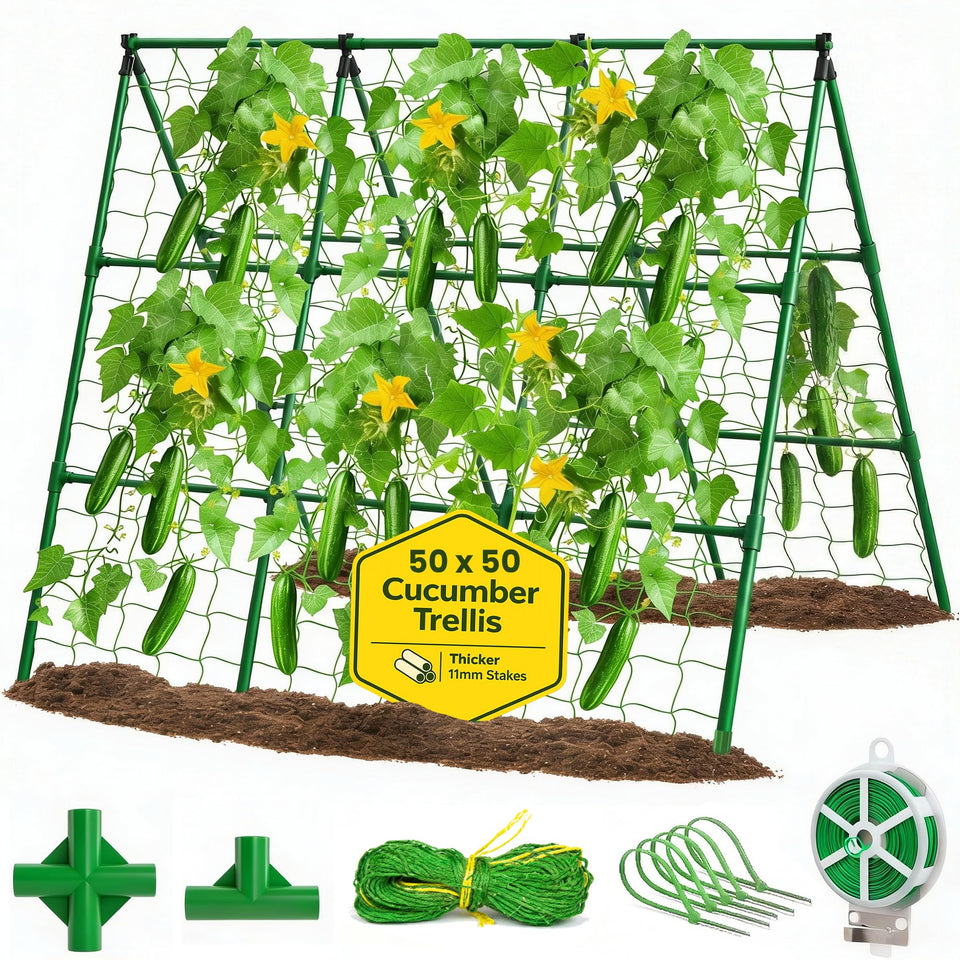 K-Brands 50x50 cucumber trellis assembly shows quick tool-free setup for garden prep.