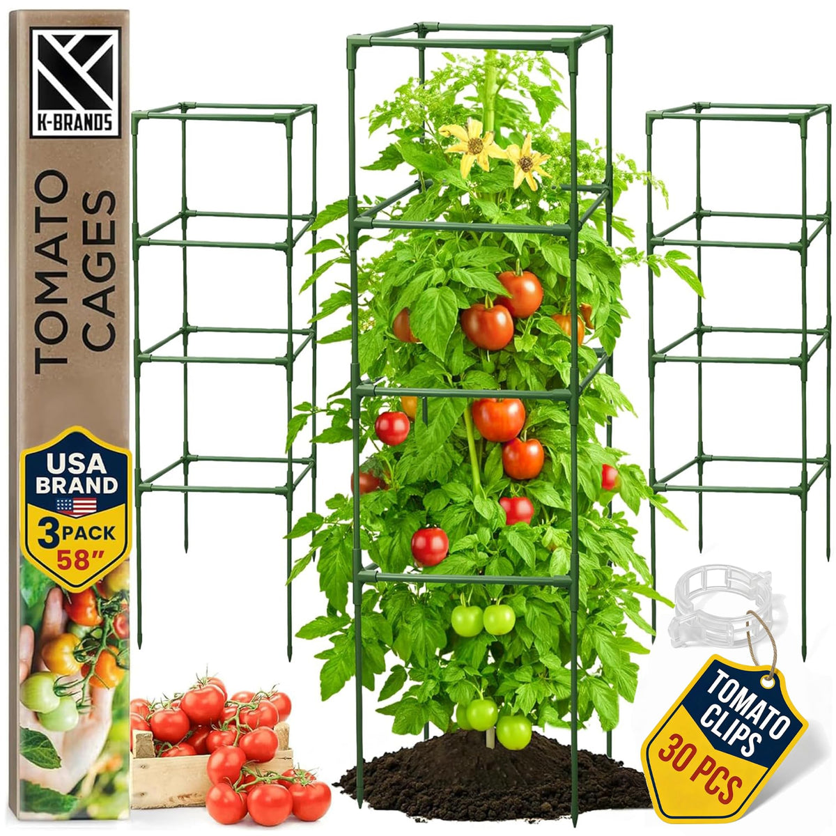 K-Brands square tomato cage 58in tall supports climbing vegetables upright.