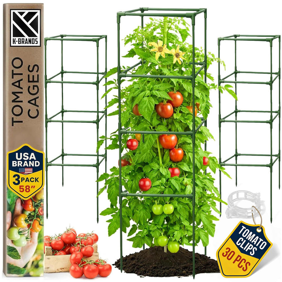 K-Brands square tomato cage 58in tall supports climbing vegetables upright.