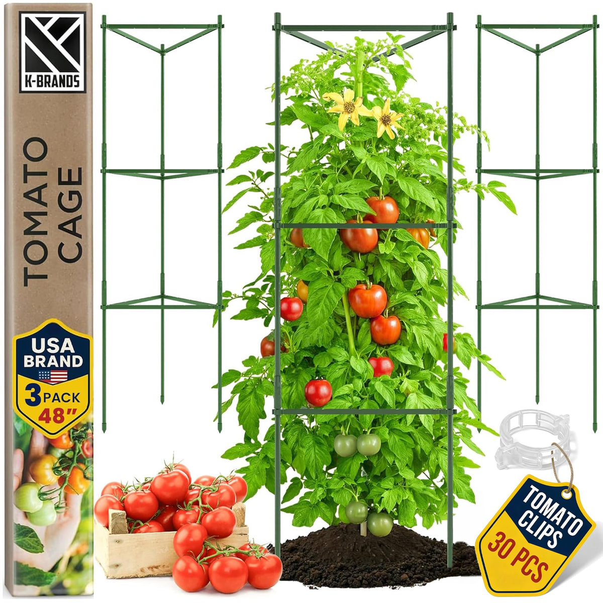 K-Brands tomato cage assembly with snaps for quick tool-free setup.