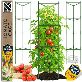 K-Brands tomato cage extra tall 68in in garden, providing tall support for vigorous plants.