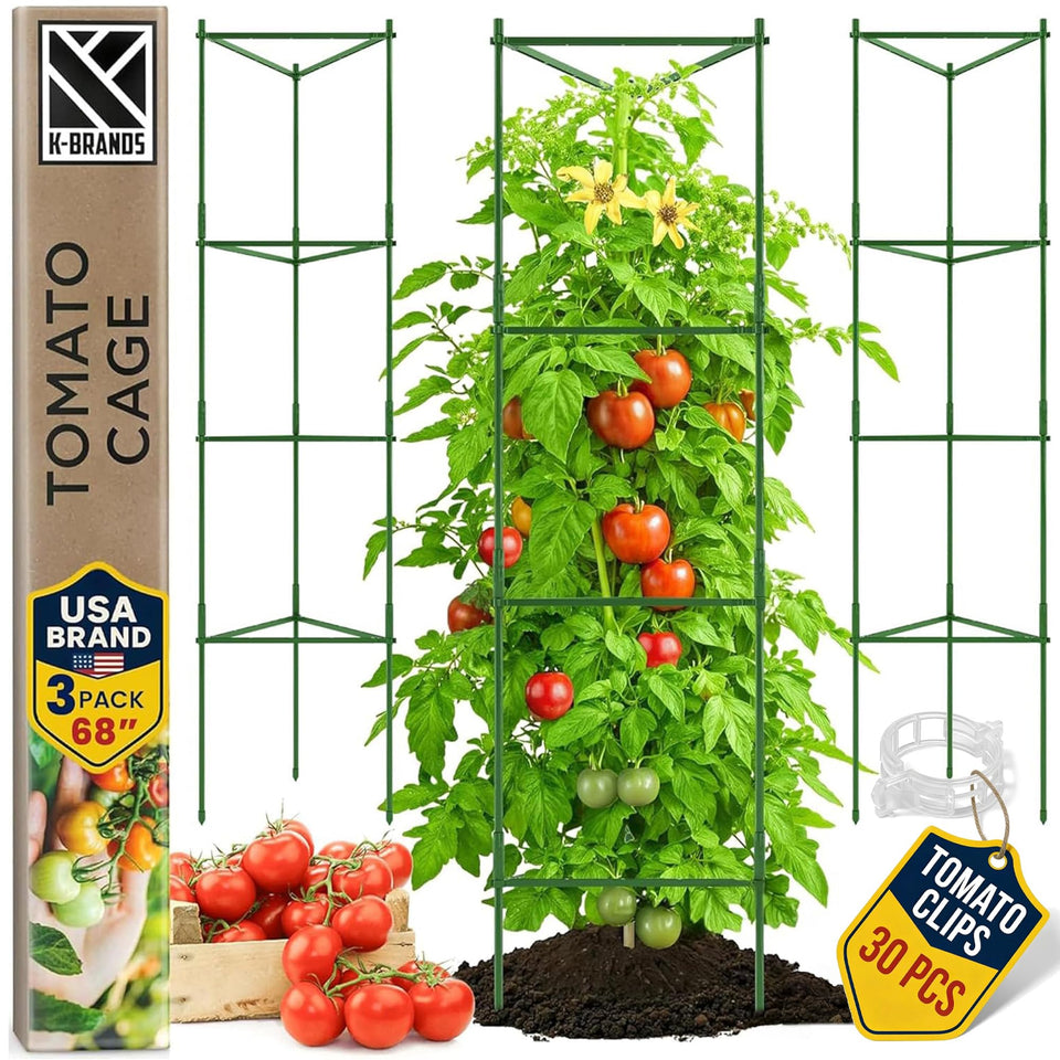 K-Brands tomato cage extra tall 68in in garden, providing tall support for vigorous plants.