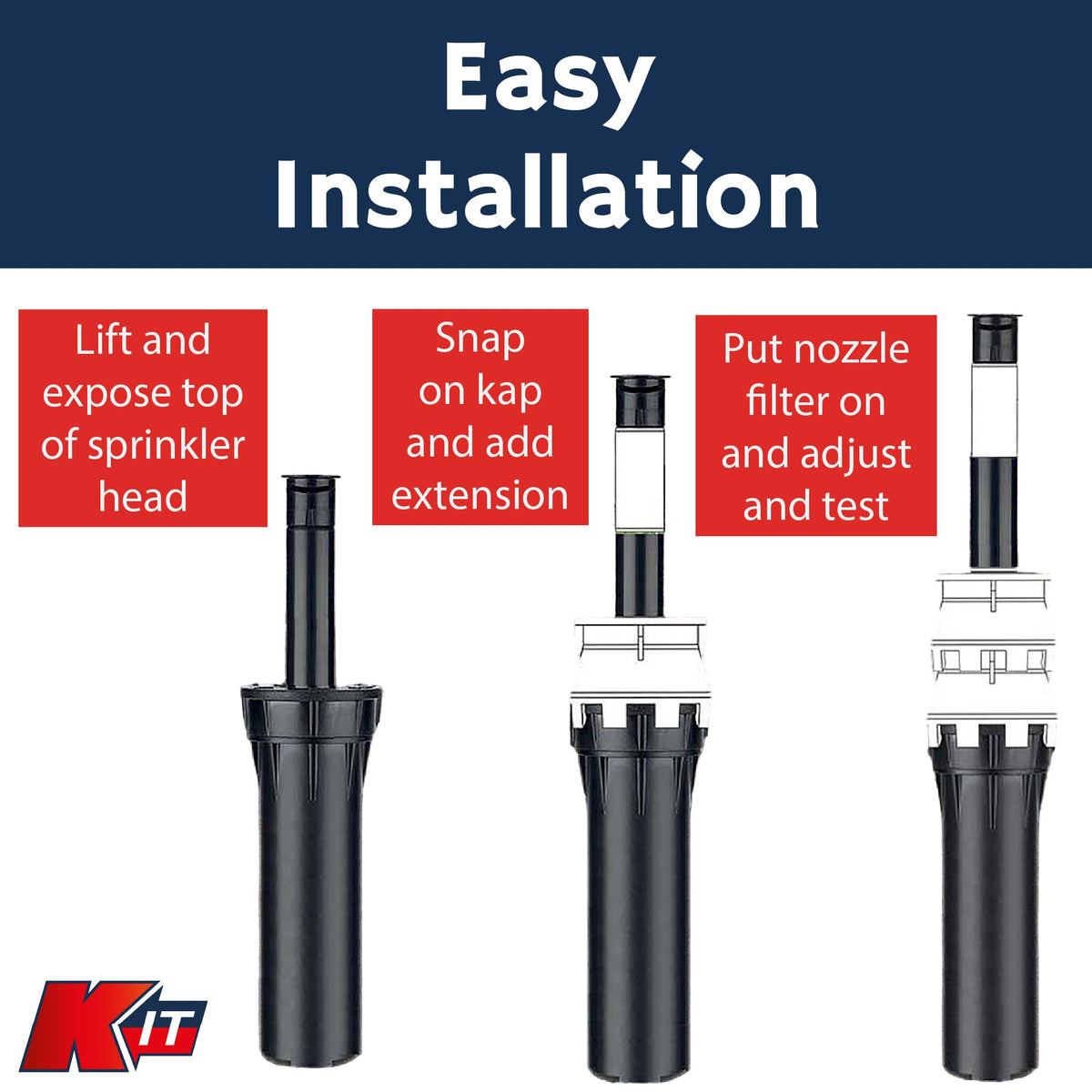 K-IT 1.5-inch riser shown alongside sprinkler with universal fit