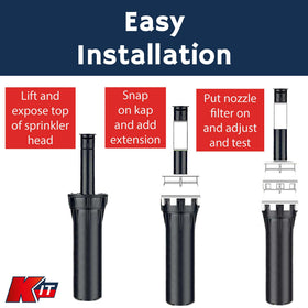 K-IT 1.5-inch riser shown alongside sprinkler with universal fit