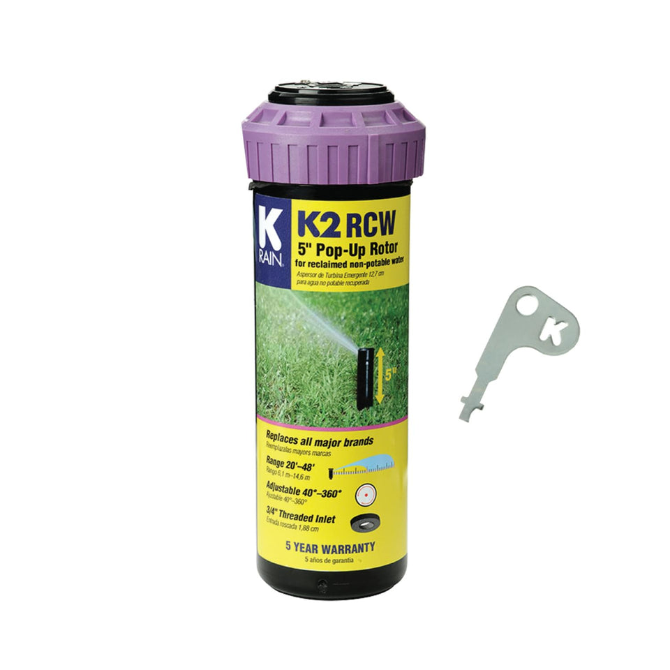 K-Rain K2 RCW 5-inch pop-up sprinkler with purple collar for reclaimed water irrigation.