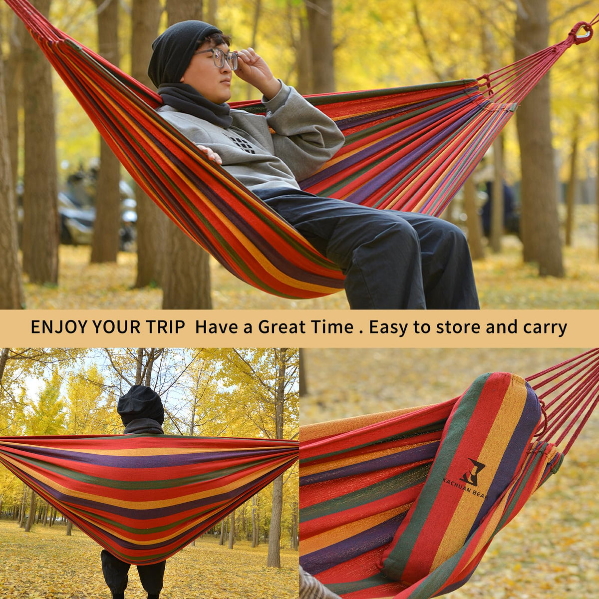 KACHUAN BEAR Rainbow Hammock laid out with cozy fabric for lounging.