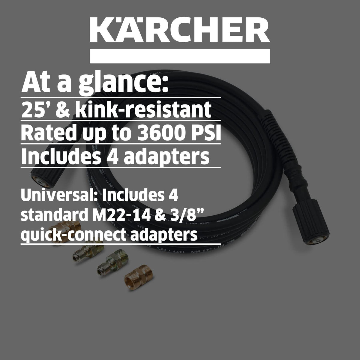 Kaercher hose adapters included for flexible quick-connect and M22 setup