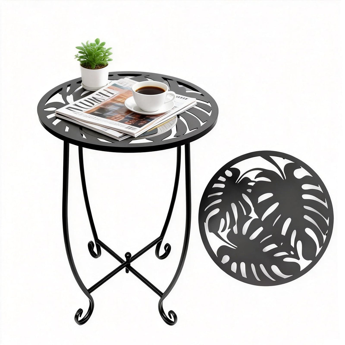 Kaesithar Outdoor Side Table with Monstera leaf cutout on top surface for stylish outdoor spaces