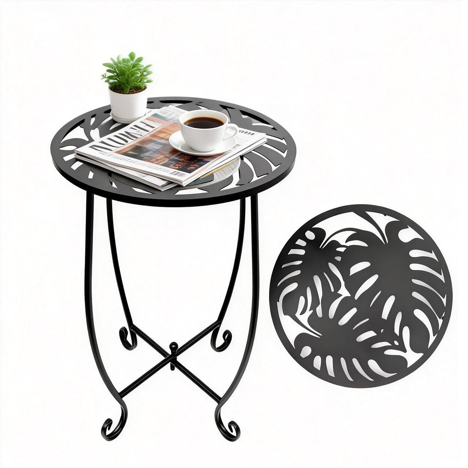 Kaesithar Outdoor Side Table with Monstera leaf cutout on top surface for stylish outdoor spaces