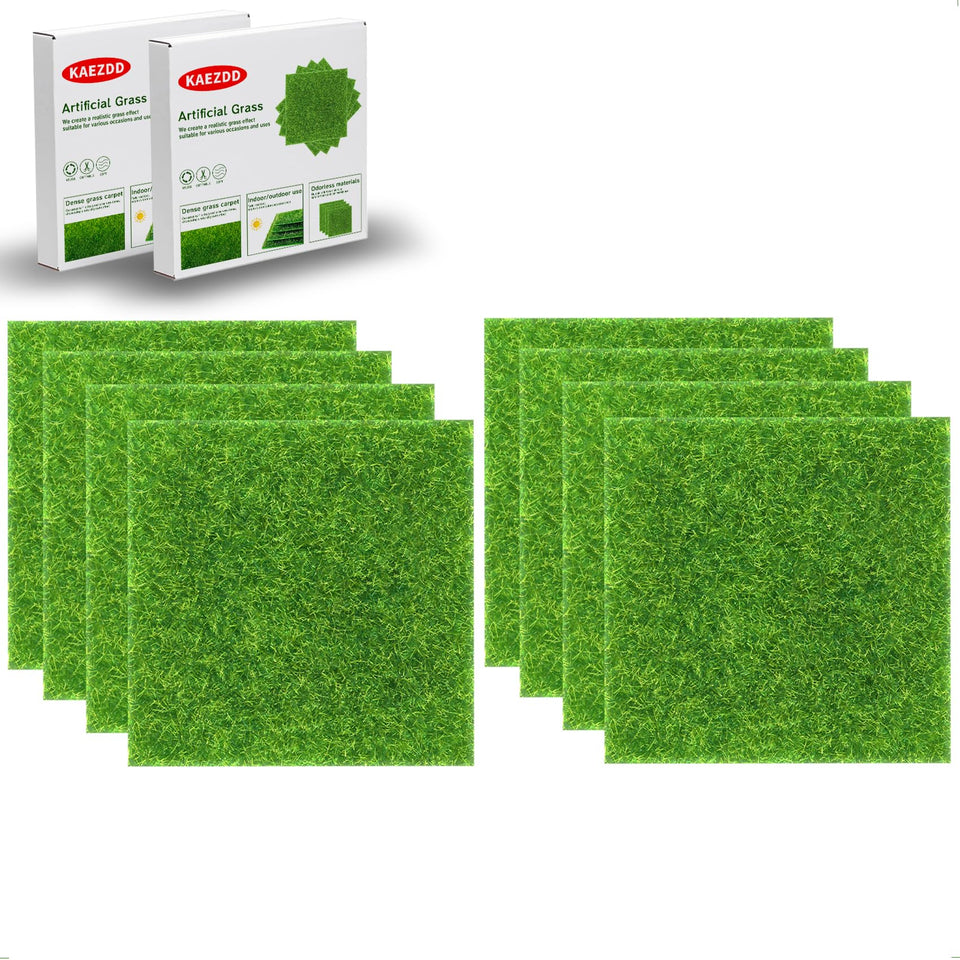 KAEZDD 8-pack 6x6 inch fake grass tiles arranged like a lawn for crafts and displays
