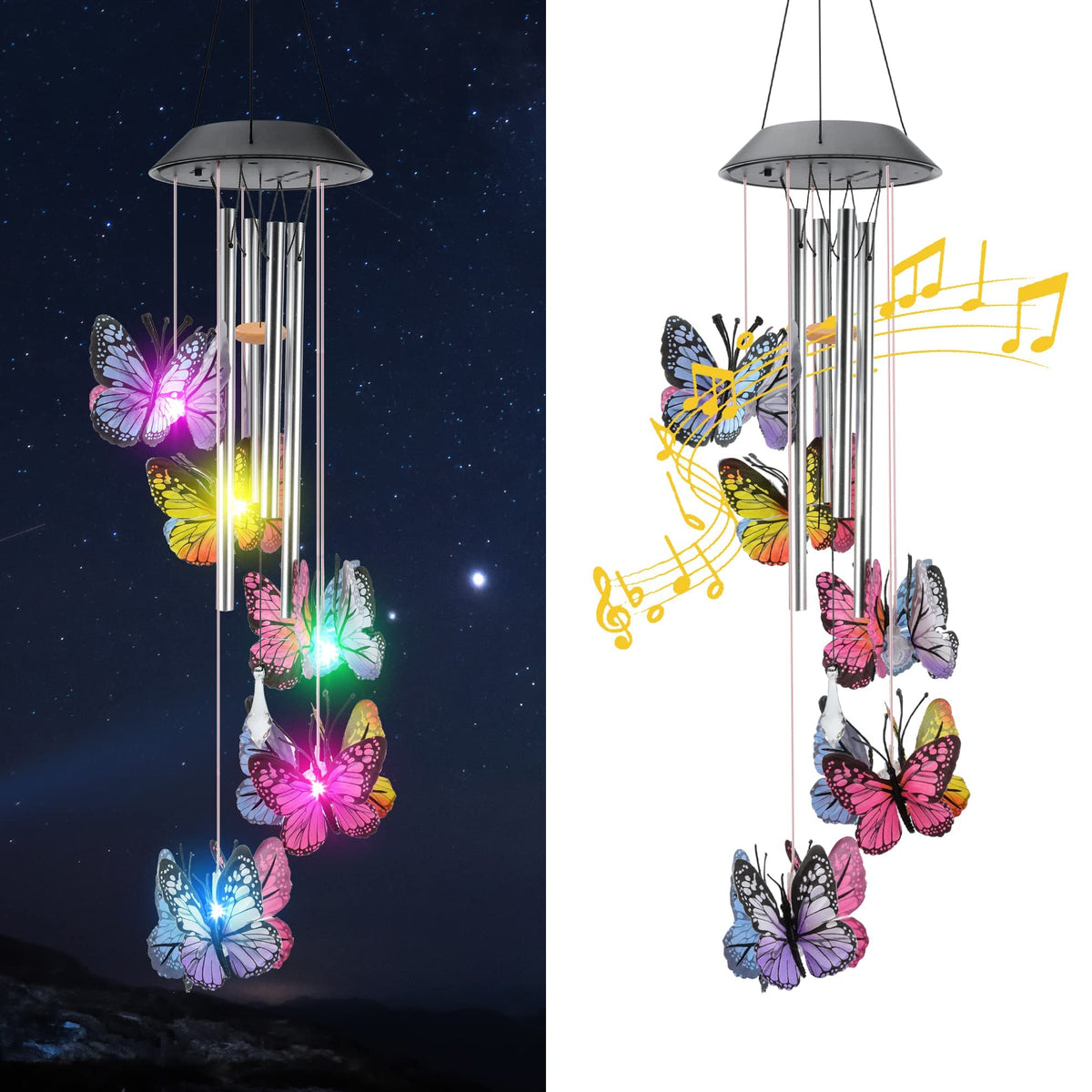 KAHACIYO Solar Butterfly Wind Chimes in sunlit garden, soft illumination enhances evening ambience.