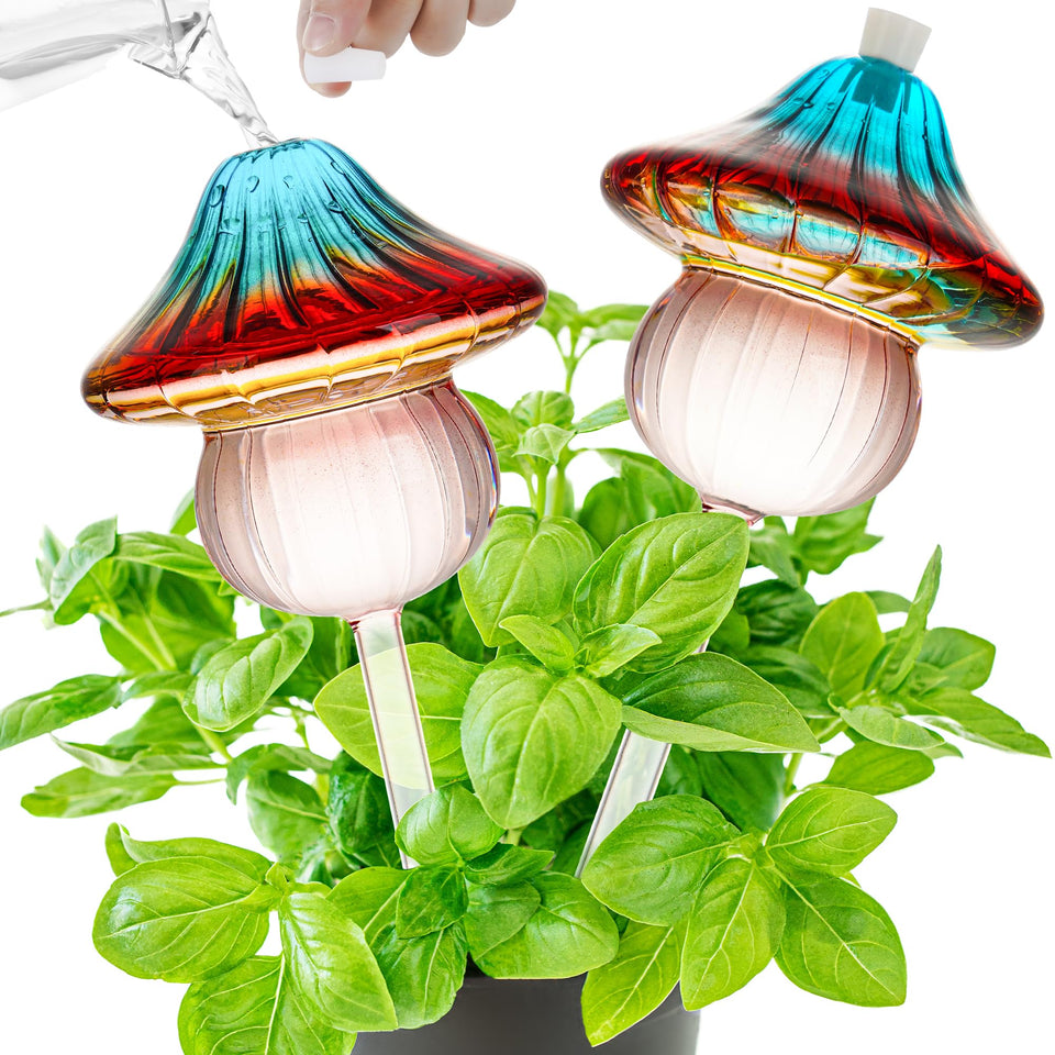 Kaimfdg mushroom glass watering bulbs deliver steady plant hydration for travel.