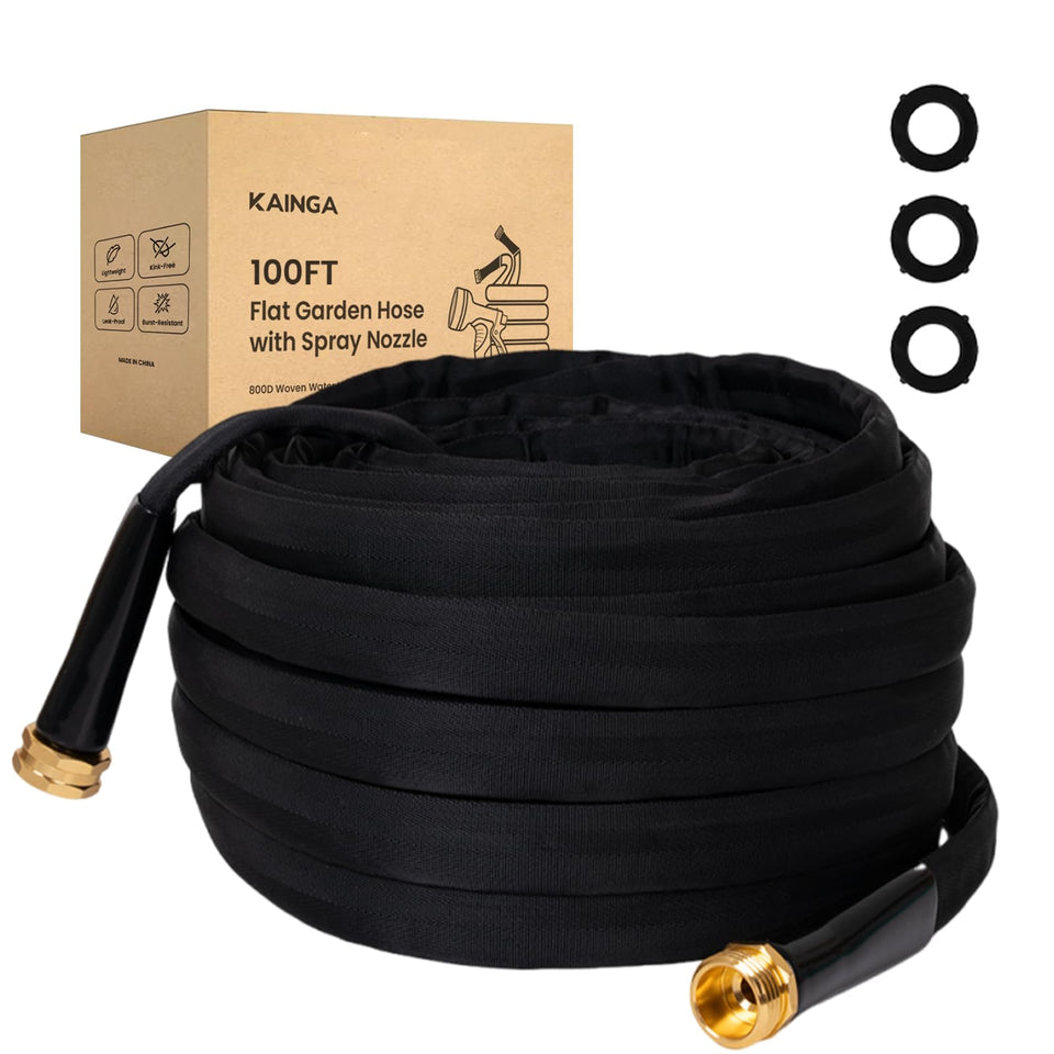 KAINGA lightweight flat hose 100 ft shows easy storage and quick watering around the yard.