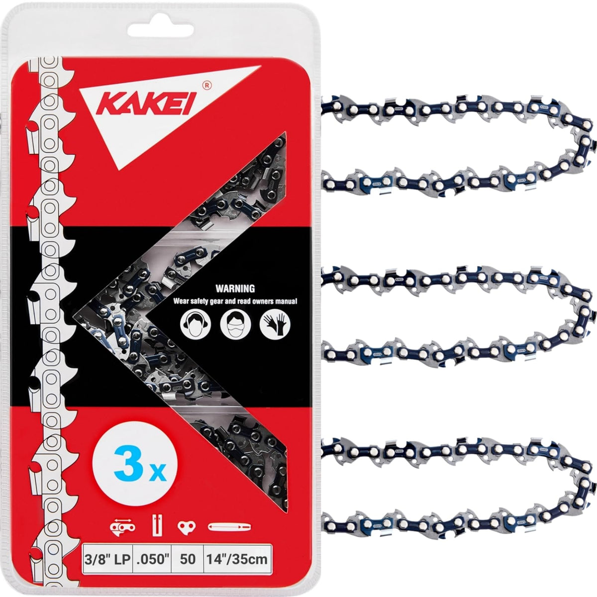 KAKEI 14 inch chain close up shows semi chisel cutters for smooth cuts.