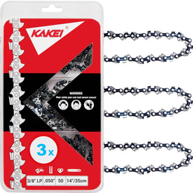 KAKEI 14 inch chain close up shows semi chisel cutters for smooth cuts.