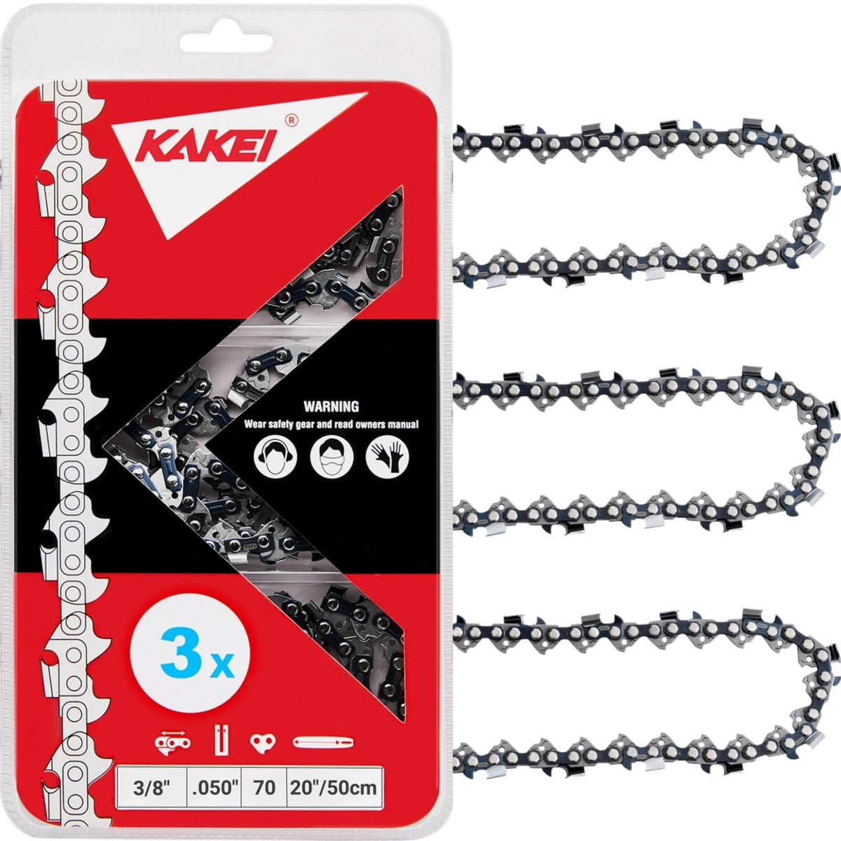 KAKEI 3-pack 20-inch chainsaw chain packaging highlights value and convenience.
