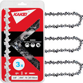 KAKEI 3-pack 20-inch chainsaw chain packaging highlights value and convenience.