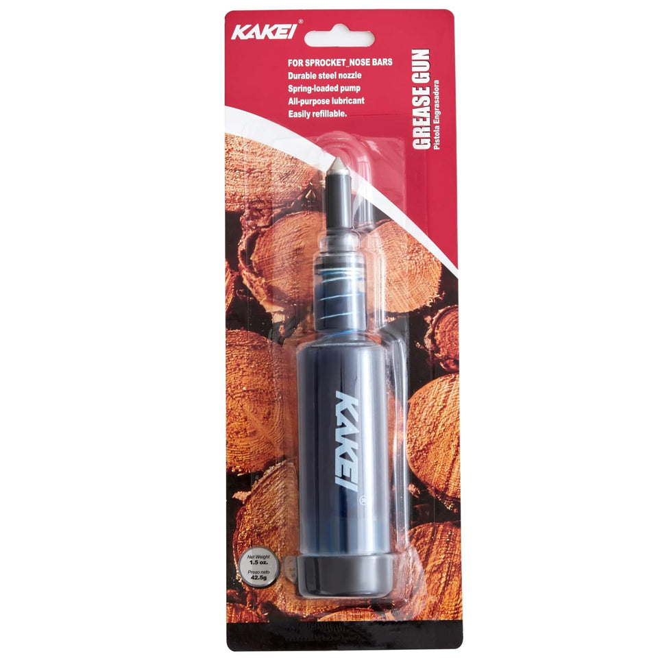 KAKEI Chainsaw Bar Grease Gun front view shows portable 1.5 oz lubricator for quick maintenance.
