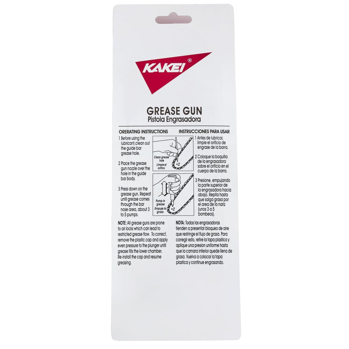 KAKEI Chainsaw Bar Grease Gun nozzle detail highlights durable steel tip for precise bar lubrication.