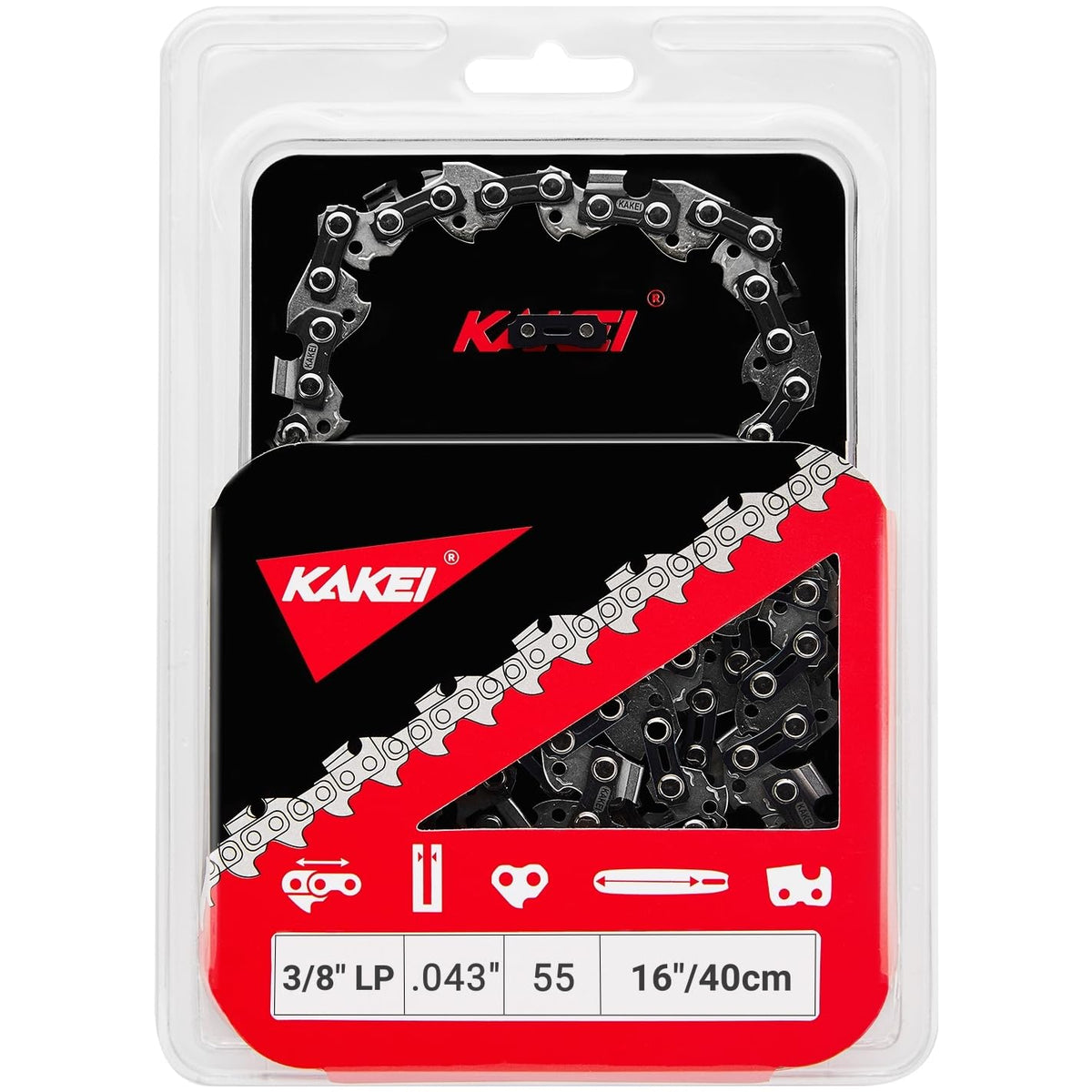 KAKEI chainsaw chain 16 inch shows 3/8 inch LP pitch for smooth cutting.
