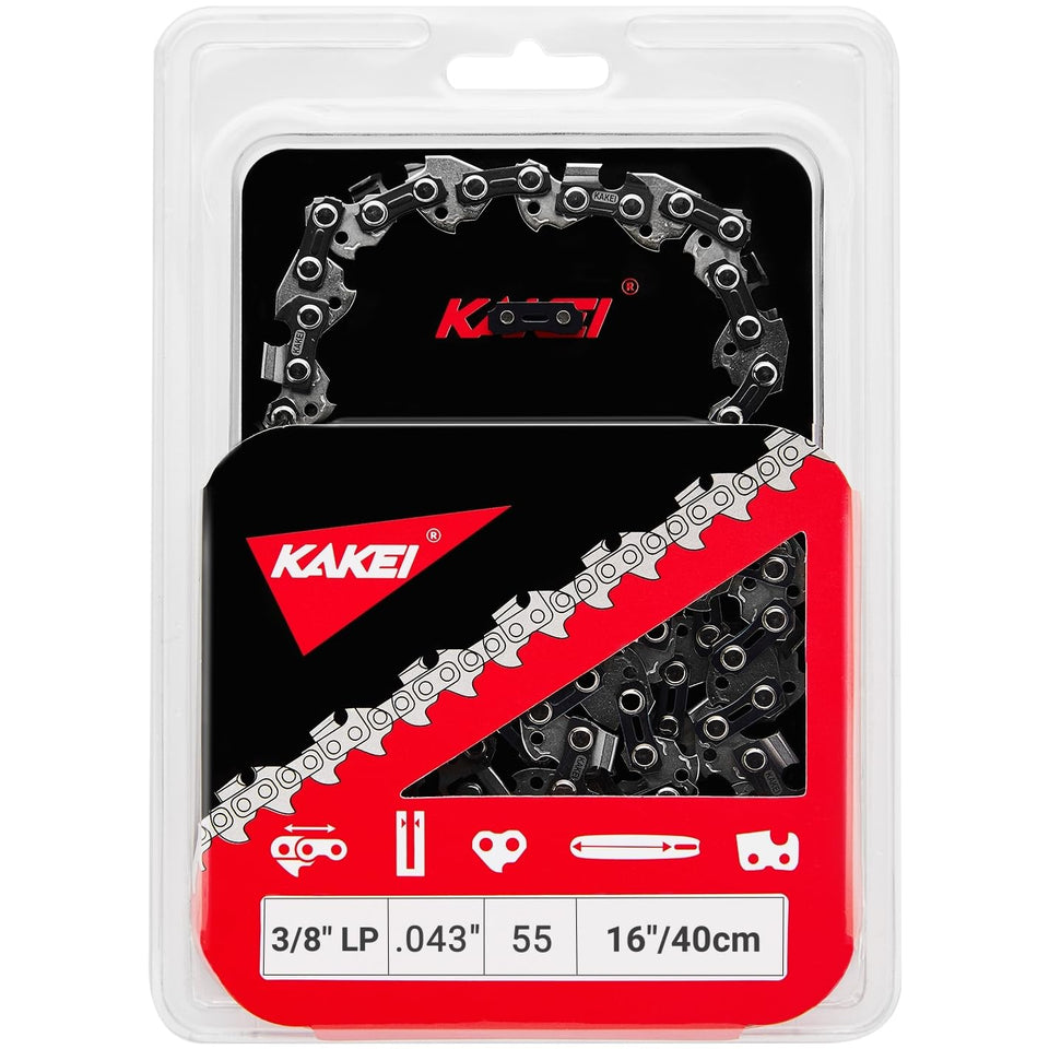 KAKEI chainsaw chain 16 inch shows 3/8 inch LP pitch for smooth cutting.