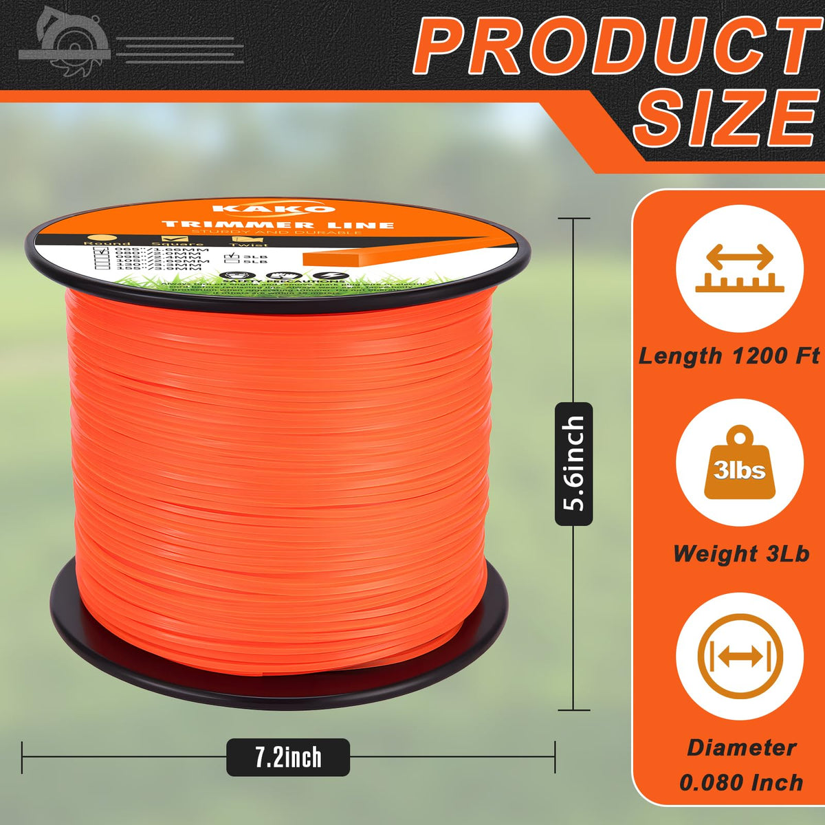 KAKO weed-wacker-string-080-square-orange for durable cutting through thick grass.
