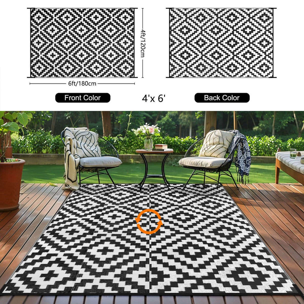 Kalafun rug on deck with furniture illustrating durable all-weather use