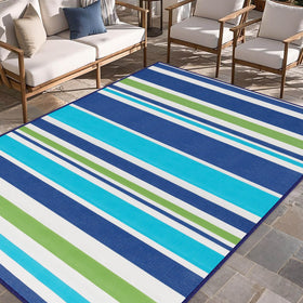 Kalafun outdoor rug blue-green striped for patio ambiance and easy maintenance