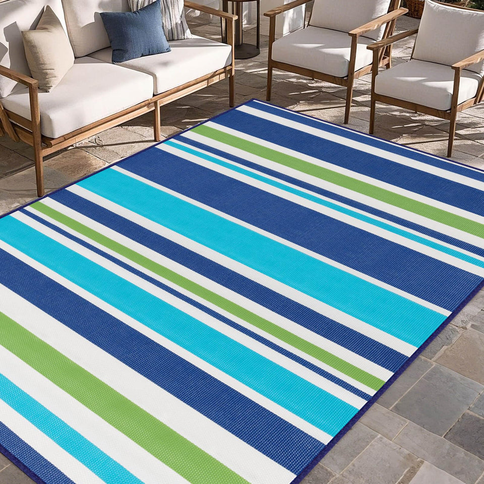 Kalafun outdoor rug blue-green striped for patio ambiance and easy maintenance