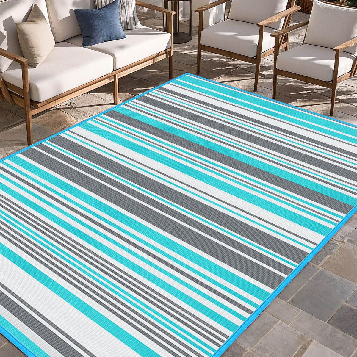 Kalafun outdoor rug patio blue-grey stripes, durable and easy to clean for decks.
